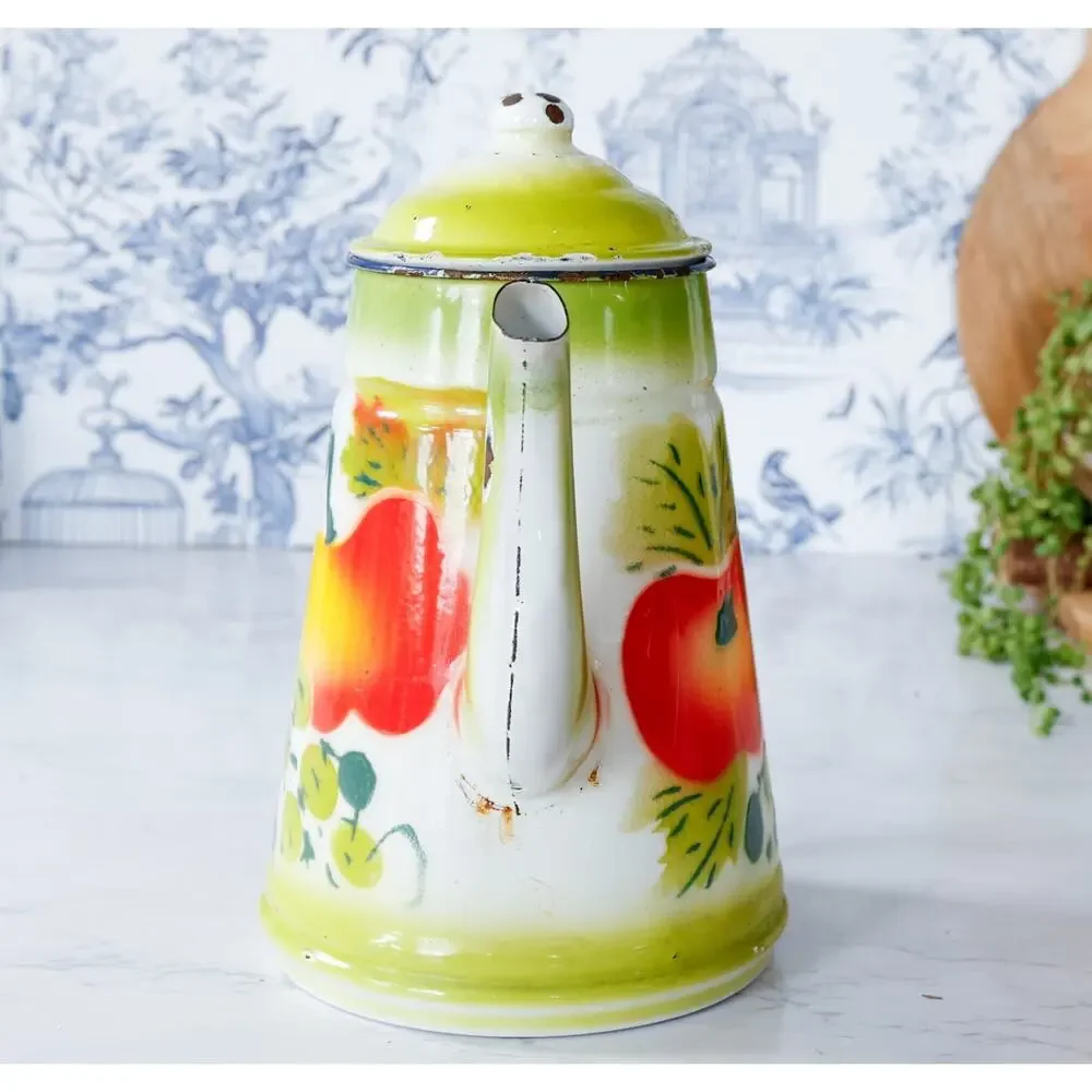 Vintage Fruit Enamelware Coffee Tea Pot MCM Retro Cottage Farm Grandma Tea Party